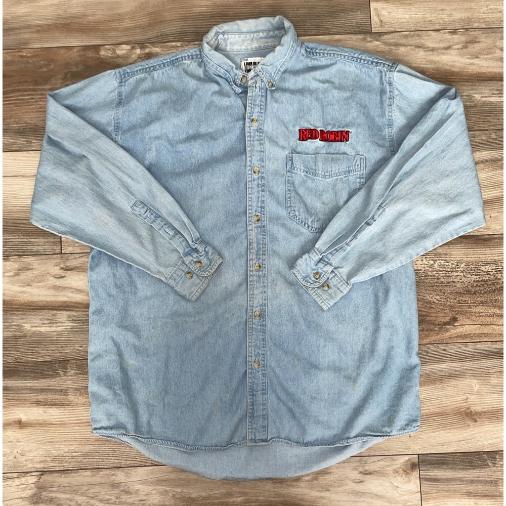 Vintage 90s Red Robin Restaurants Embroidered Denim Shirt Large Blue Button Up